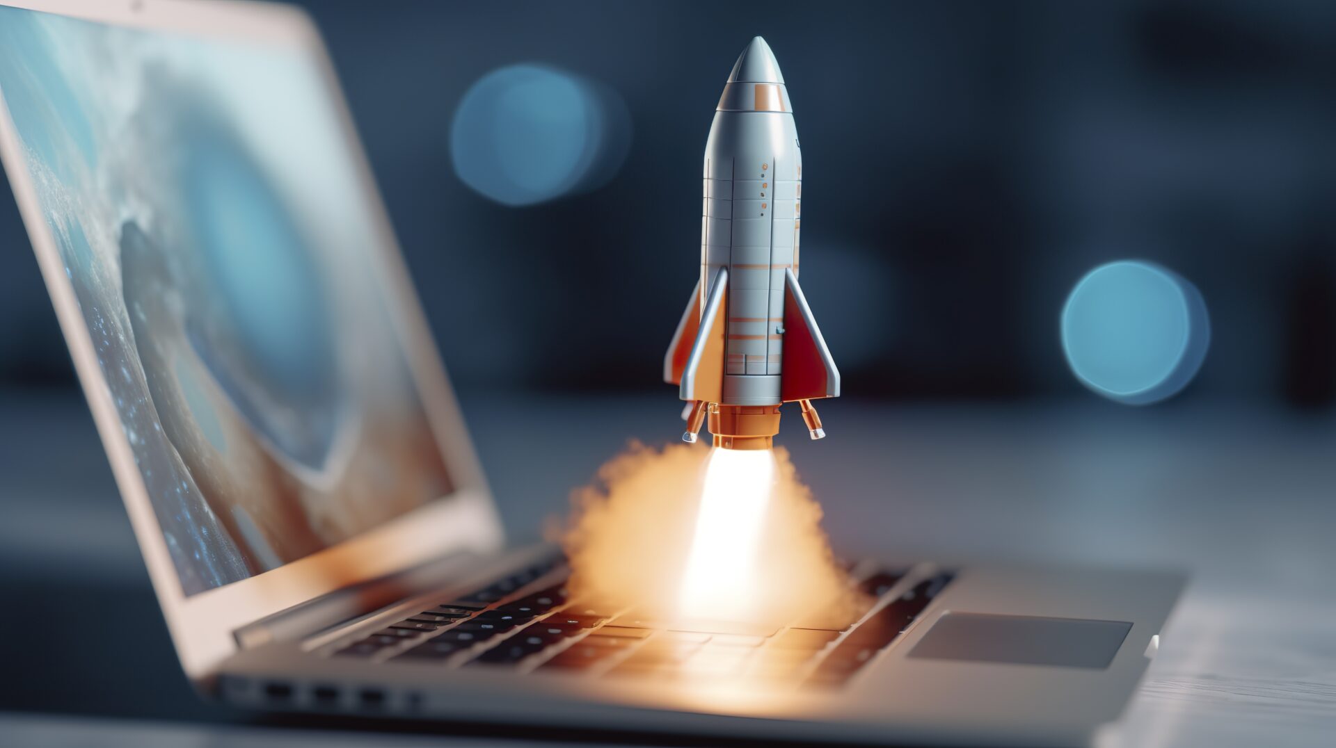 A small rocket takes off from a Laptop with vibrant color combinations in light sky blue and light gray colors for a website, business, and financial success concepts.  AI Generative